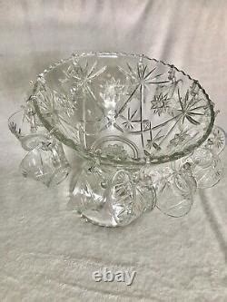 Antique Crystal Punch Bowl Set Includes Base And Glasses