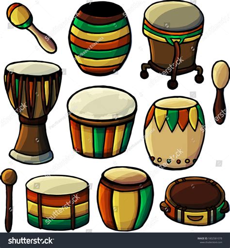 Vector Set Drums Tambourines Cartoon Style Stock Vector Royalty Free