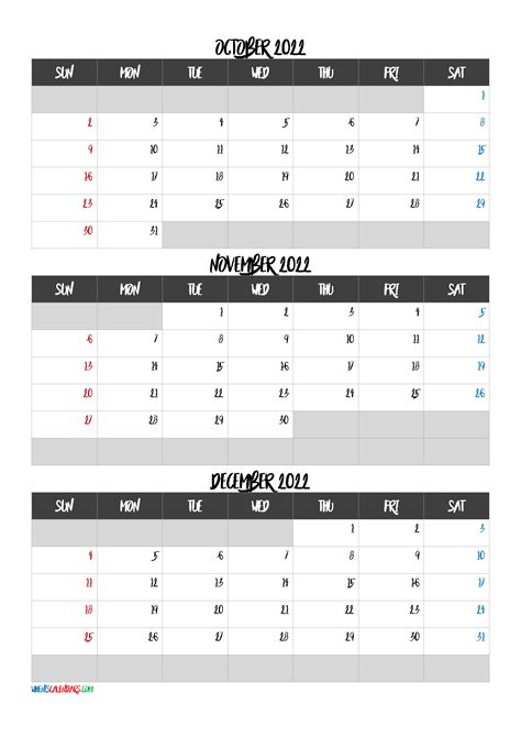 October November December 2022 Calendar Printable Free Q1 Q2 Q3 Q4