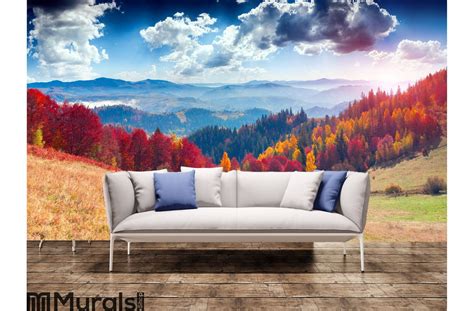Colorful Autumn Landscape In The Mountain Village Foggy Morning Wall Mural