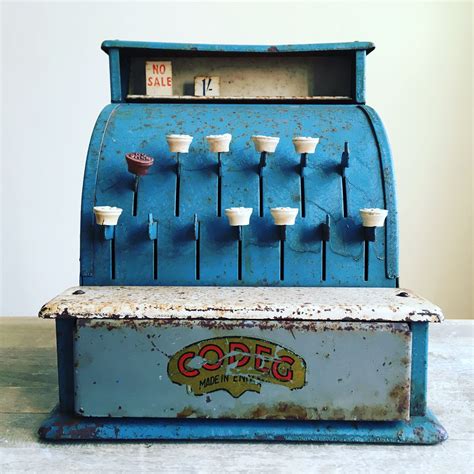 Vintage Heavy Blue Codeg Metal Toy Cash Register Distressed Decorative