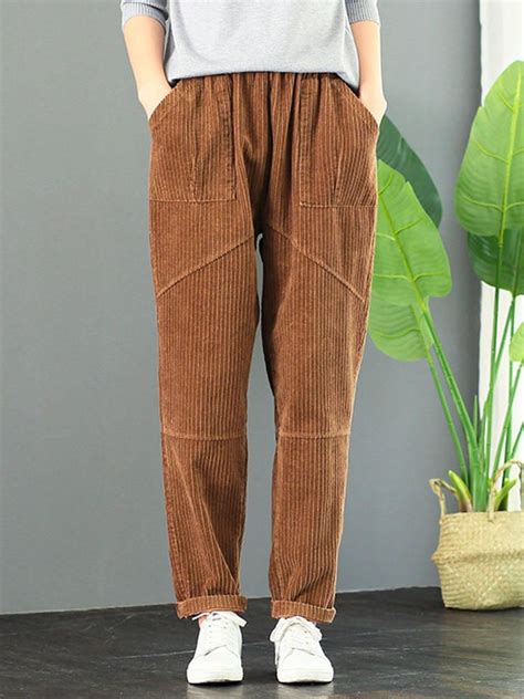 Women Elastic Waist Solid Color Corduroy Pants Women Pants Pattern