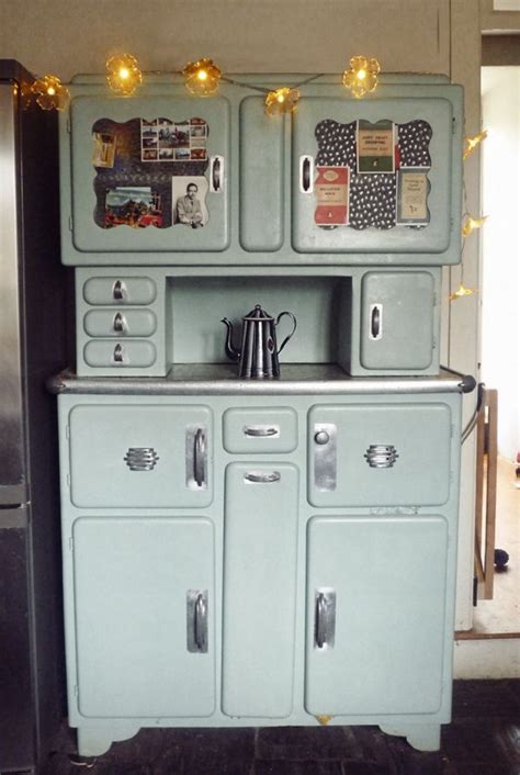 1950s freestanding hand made and painted kitchen unit with cupboards, drawers and pull out metal work surface. 1950's kitchen cabinet in designer Double Merrick's house ...