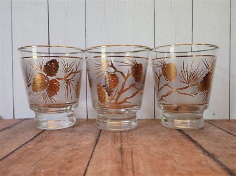 Vintage Libbey Glass Golden Pinecone Juice Glass Set Of 3 Clear 4 Oz Glasses With Gold Pine