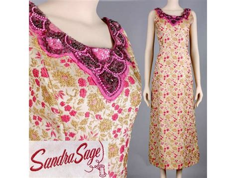 Vintage 1960s Sandra Sage Pink Metallic Gold Sleeveless Hostess Dress