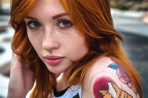 Wallpaper Face Women Redhead Model Depth Of Field Long Hair Green Eyes Tattoo Freckles