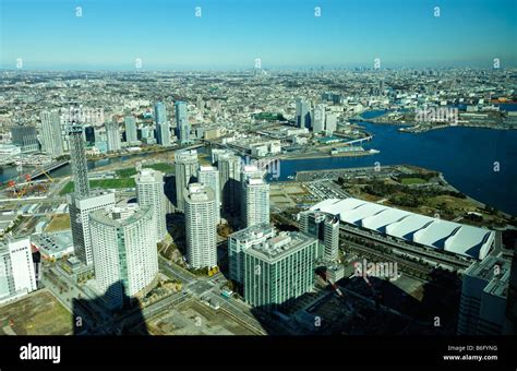 Yokohama Minato Mirai Waterfront And Harbour Aerial View Stock Photo