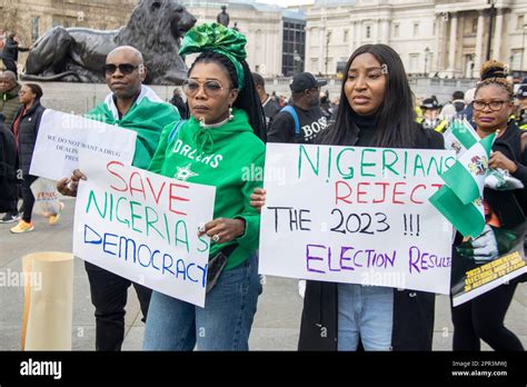 members of the nigerian diaspora organised a demonstration in trafalgar square to express their