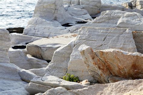Aegean Seashore And Marble Rocks In Aliki Thassos Island Stock Image