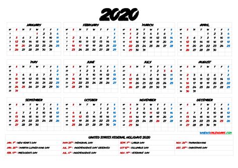 Free Printable 2020 Yearly Calendar With Holidays 12 Templates