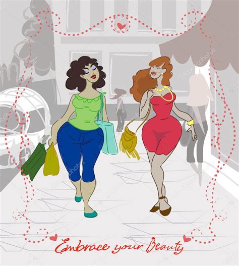 curvy women happy shopping — stock vector © vylet 100569308