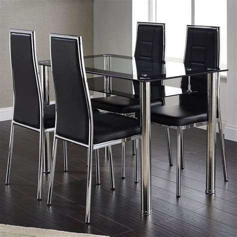 Metal dining table set 4 seater. 4 Seater Rectangular Dining Set Leather Chairs Black Glass ...