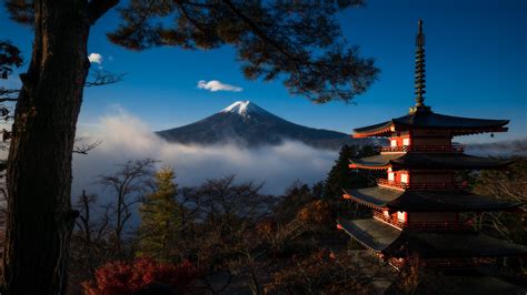 Pagoda Trees Mountains Mount Fuji Landscape Japan Nature Hd