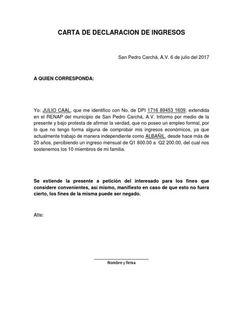 Carta De Declaracion De Ingresos