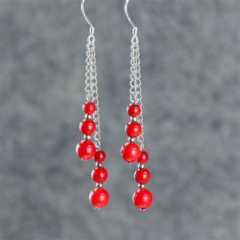 Red Coral Linear Long Dangling Earrings Bridesmaids Gifts Free Etsy