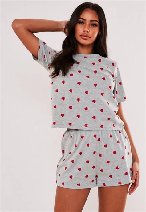 Grey Heart Print T Shirt And Shorts Pyjama Set In 2020 Sleepwear