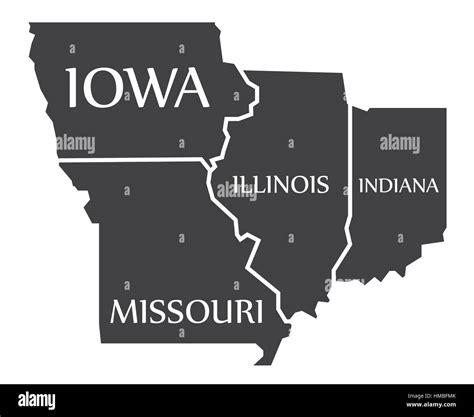 Iowa - Missouri - Illinois - Indiana Map labelled black illustration Stock Vector Art ...