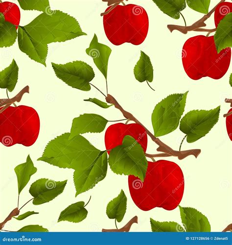 Seamless Texture Branch Apple Tree With Red Apples And Leaves Autumn