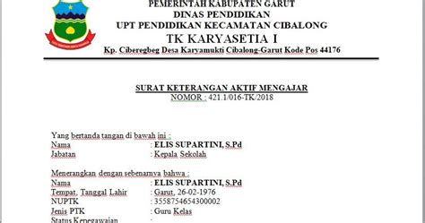 Surat ini ditujukan kepada kepala sekolah dan pengelola paud se kab. Contoh Surat Keterangan Guru Masih Aktif Mengajar