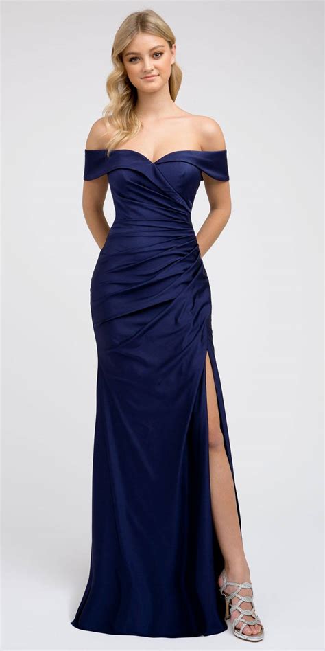 juliet 245 off shoulder fit and flare long prom dress navy blue with slit discountdressshop