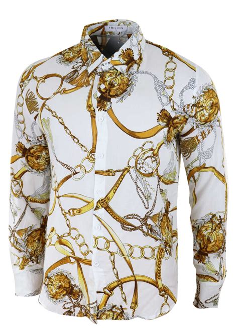Mens Button Shirt Satin Silk Feel Paisley Italian Iconic Chain Smart