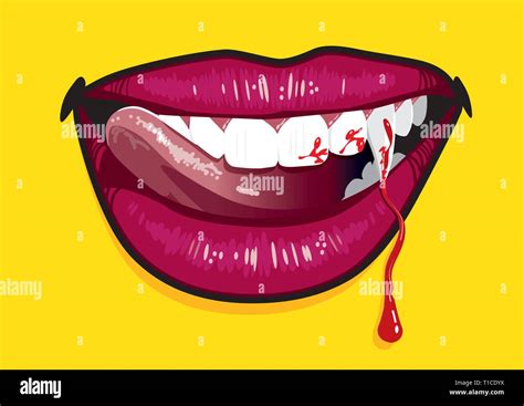 Vector Illustration Of Vampire Mouth With Giant Canines Licking Lips