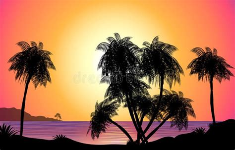 Tropical Beach At Sunset Surfing Illustration Stock Illustration