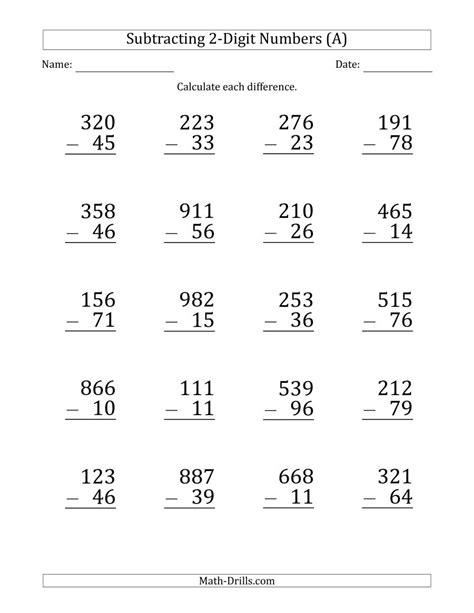 Review subtraction with regrouping with this worksheet that's packed with subtraction and word problems. Large Print 3-Digit Minus 2-Digit Subtraction (A)