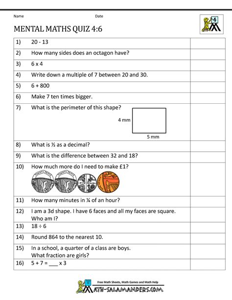 Mental Maths Test Year 4 Worksheets Mathematics Questions And Answers