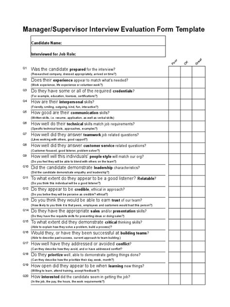2amanager Or Supervisor Interview Evaluation Form Template Action