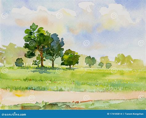 Watercolor Landscape Painting Panorama Colorful Of Natural Beauty Stock