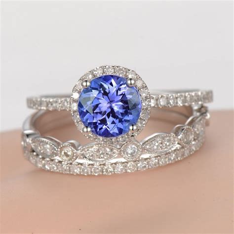 3pcs Tanzanite Engagement Ring Set Diamond Wedding Ring Solid 14k White