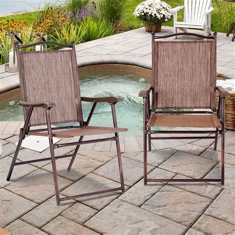 Gymax Set Of 2 Folding Patio Furniture Sling Back Chairs Outdoors Brown