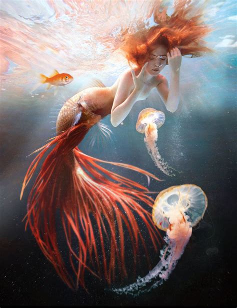Red Mermaid And Jellyfish Mermaid Artwork Mermaid Art Mermaids And