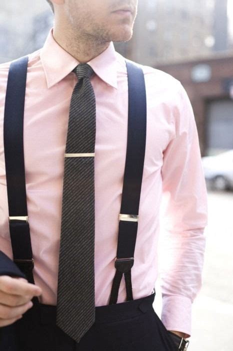 Pink Dress Shirt Grey Tie Tie Bar Suspenders On Black