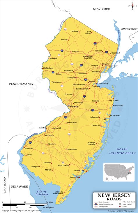 Detailed New Jersey Cut Out Style Digital Map With Counties Cities