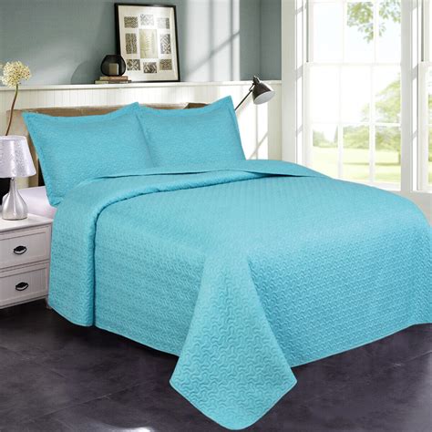 Aqua Teal Blue Quilt Set Bedspread With 2 Shams Soft Reversible Bedding