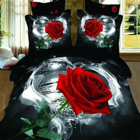 D Red Rose Bedding Sets Queen Size Pcs Floral Doona Black Quilt Duvet