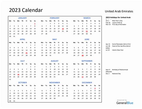 2023 United Arab Emirates Calendar With Holidays