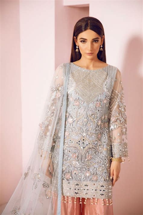 Latest Pakistani Fancy Party Dress In Sky Blue Color Nameera By Farooq