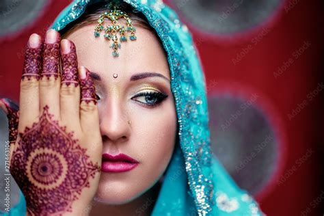 Beautiful Young Caucasian Woman In Traditional Indian Clothing Sari