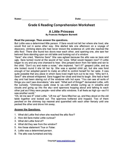 Free Printable Grade 6 English Comprehension Worksheets