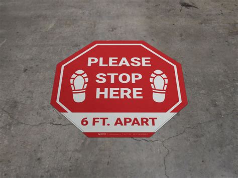Please Stop Here 6 Ft Apart Shoe Prints Stop Floor Sign