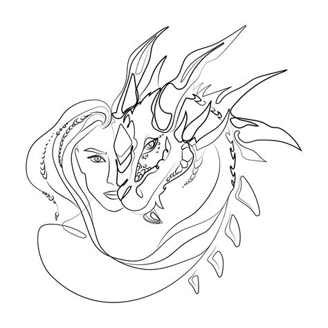 Woman Face With Dragon Muzzle Line Art Drawing Vector Illustration