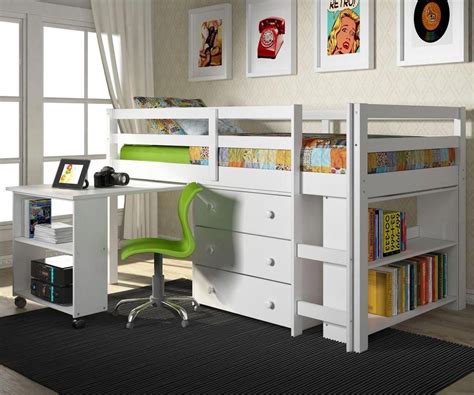 Donco Low Loft Bed With Desk And Storage Twin Size White Low Loft