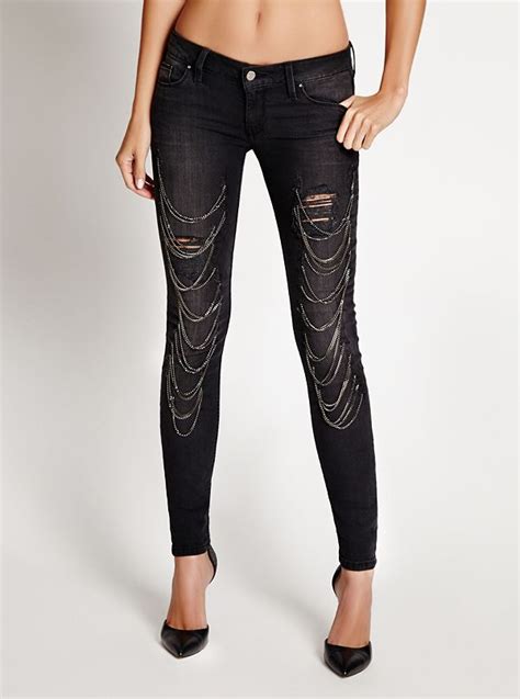 Low Rise Skinny Jeans With Chains In Faded Noir Wash