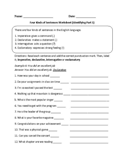 Identifying Sentences Worksheet