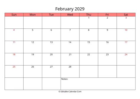 Download Editable Calendar February 2029 Weeks Start On Sunday