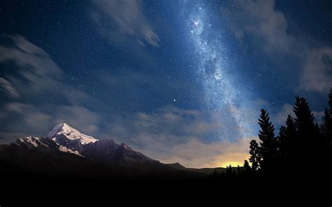 Hd Wallpaper Starry Sky Nature Mountains Trees Stars Space Milky