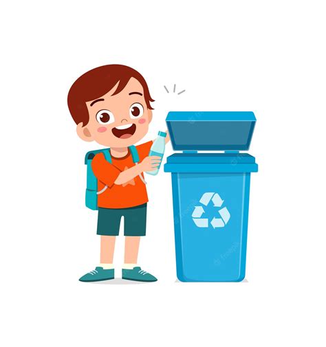 Premium Vector | Little kid throw trash to trash bin